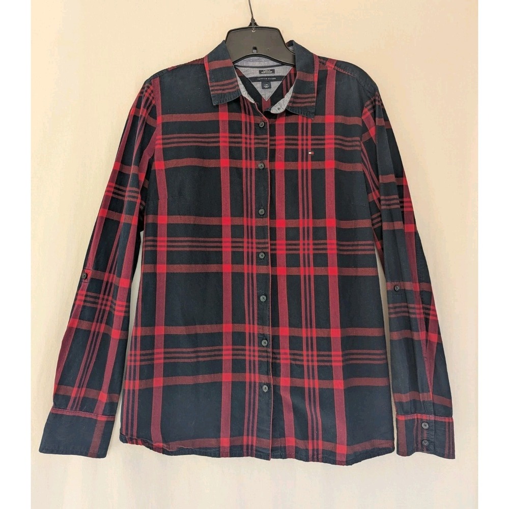 Tommy Hilfiger Shirt Women's L Navy Red Plaid Roll Sleeve Cotton
